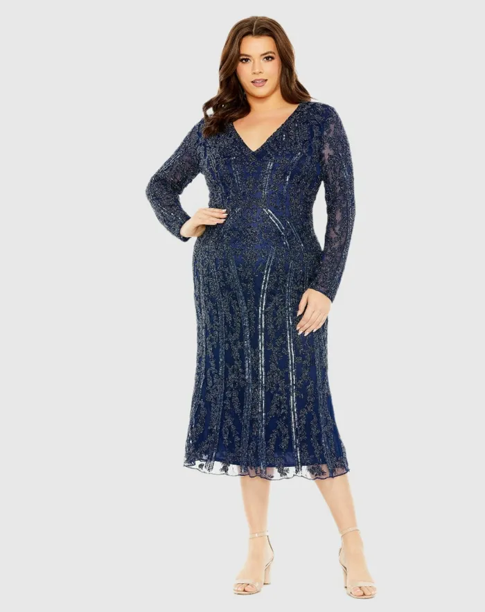 Women Long Sleeve Embellished Dress Midnight Plus Size Dresses Mac Duggal