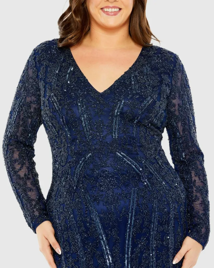 Women Long Sleeve Embellished Dress Midnight Plus Size Dresses Mac Duggal