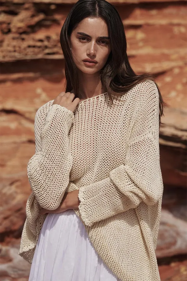 Women Long Sleeved DISSH LOU NATURAL MARLE OPEN WEAVE JUMPER