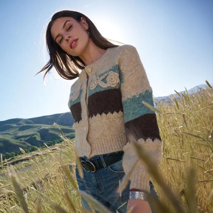Women Louisa Bloom Cardigan Blue Sundance Catalog Sweaters