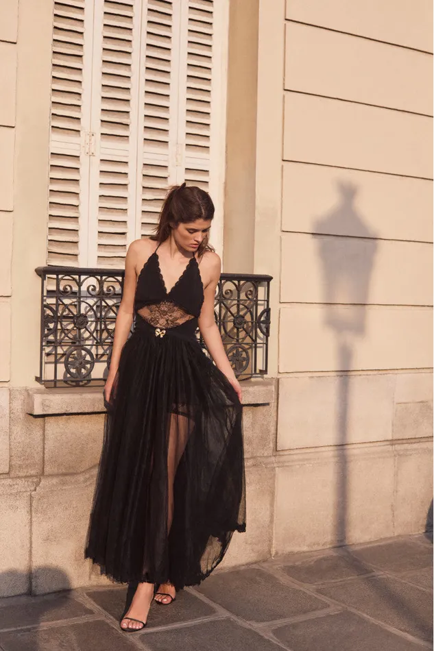 Women LoveShackFancy Dresses Serendipity Lace Maxi Halter Dress Black