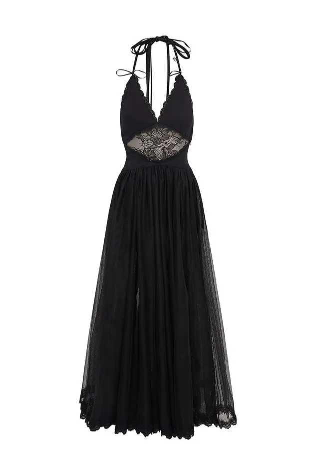 Women LoveShackFancy Dresses Serendipity Lace Maxi Halter Dress Black