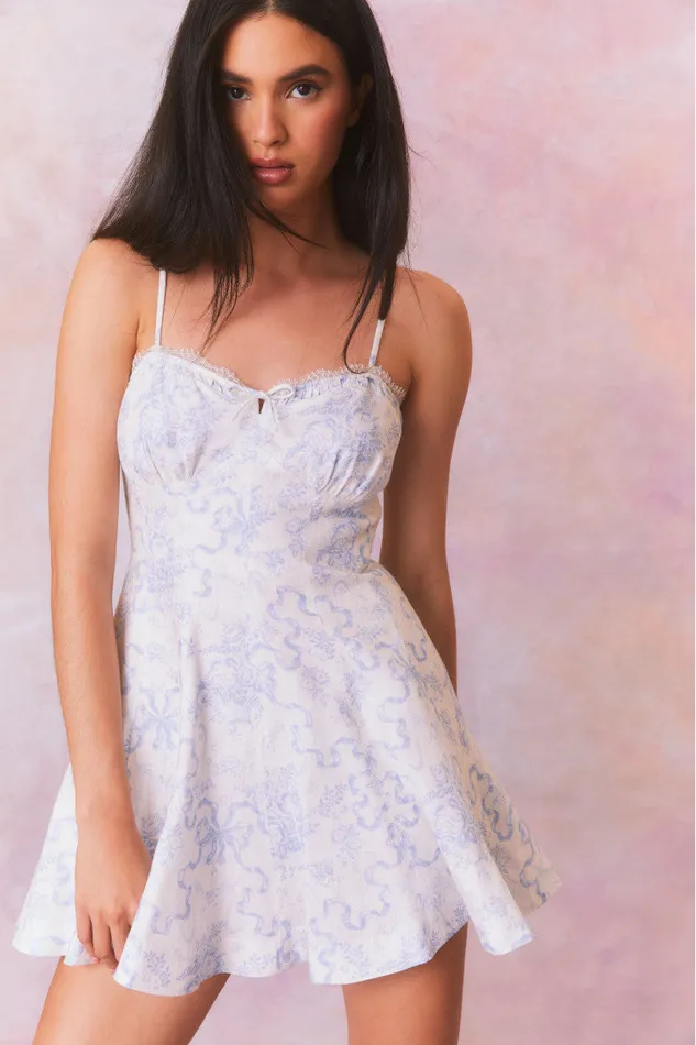 Women LoveShackFancy Dresses Shai Linen Bow Print Mini Dress Blissful Blue