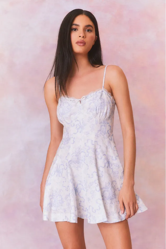 Women LoveShackFancy Dresses Shai Linen Bow Print Mini Dress Blissful Blue