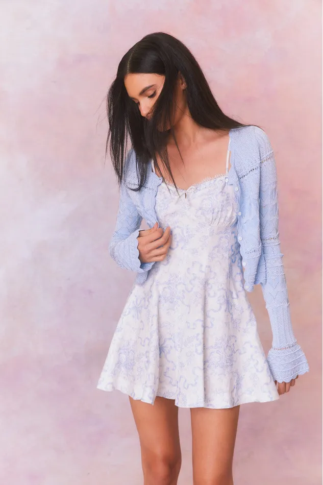 Women LoveShackFancy Dresses Shai Linen Bow Print Mini Dress Blissful Blue