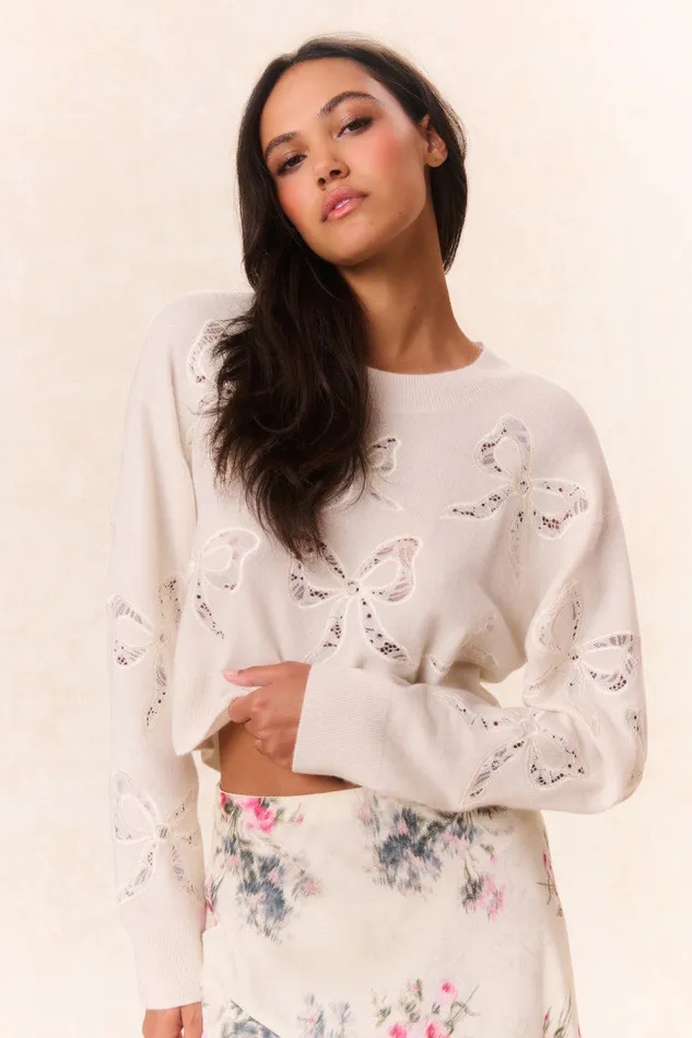 Women LoveShackFancy Sweaters Parson Bow Print Pullover Marshmallow Bliss