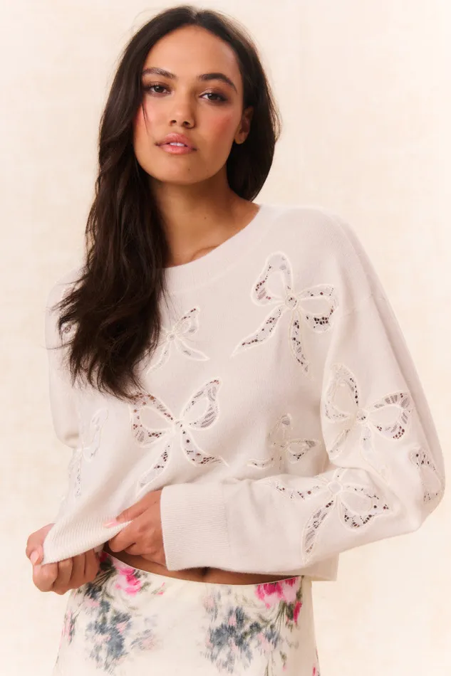 Women LoveShackFancy Sweaters Parson Bow Print Pullover Marshmallow Bliss