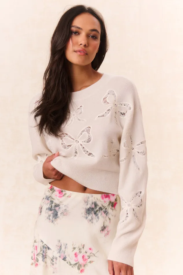 Women LoveShackFancy Sweaters Parson Bow Print Pullover Marshmallow Bliss