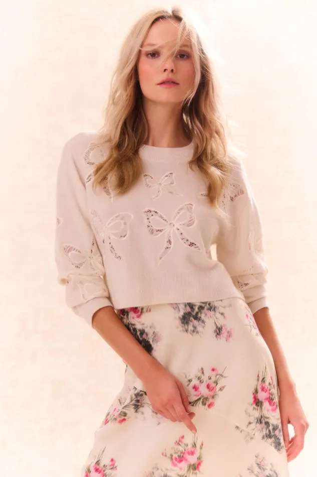 Women LoveShackFancy Sweaters Parson Bow Print Pullover Marshmallow Bliss