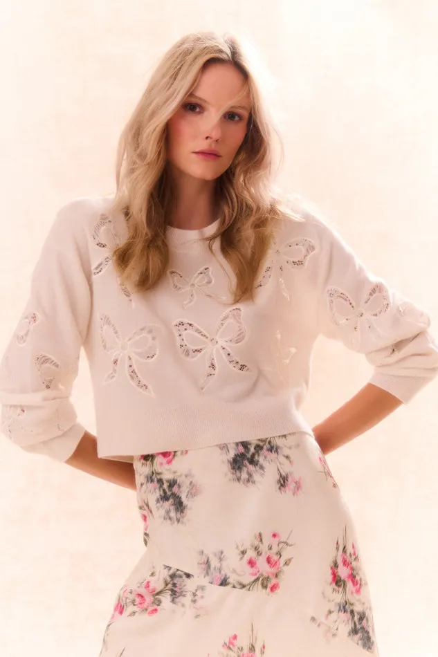 Women LoveShackFancy Sweaters Parson Bow Print Pullover Marshmallow Bliss