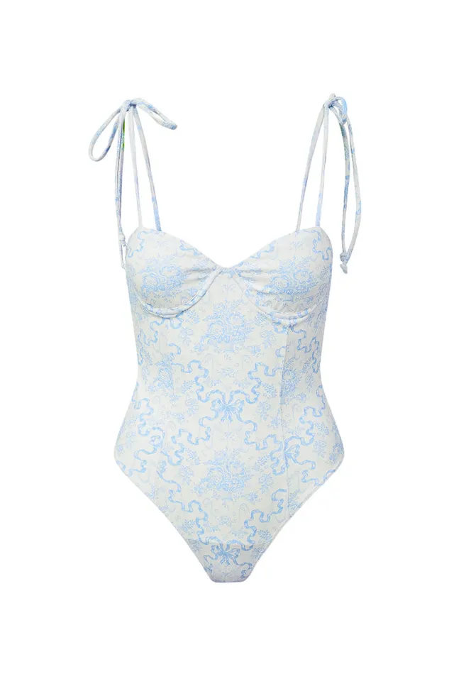 Women LoveShackFancy Swim Chamomile Bow Print One Piece Swimsuit Blissful Blue