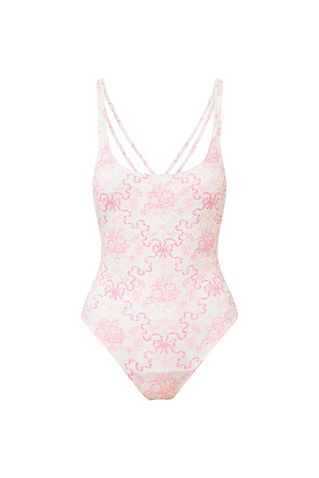 Women LoveShackFancy Swim Dusk Bow Print One Piece Swimsuit Bubblegum Blast