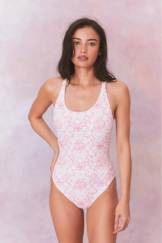 Women LoveShackFancy Swim Dusk Bow Print One Piece Swimsuit Bubblegum Blast