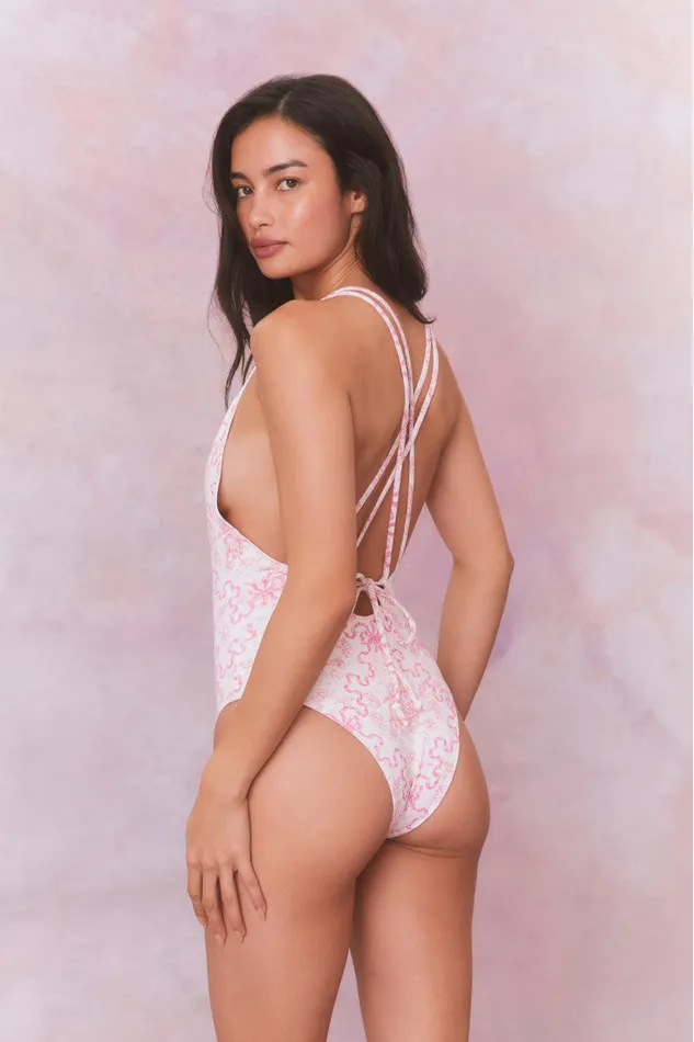 Women LoveShackFancy Swim Dusk Bow Print One Piece Swimsuit Bubblegum Blast