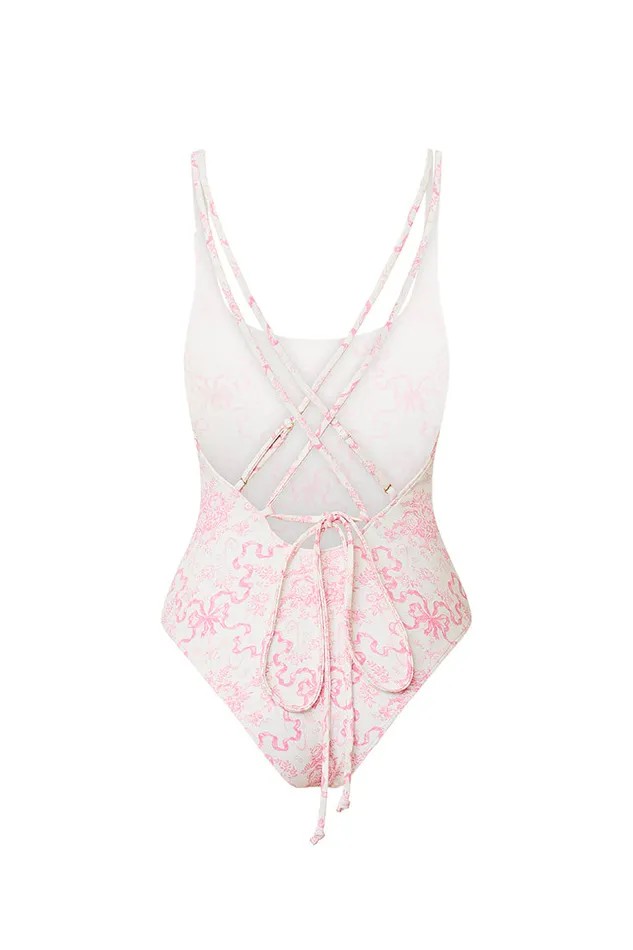 Women LoveShackFancy Swim Dusk Bow Print One Piece Swimsuit Bubblegum Blast