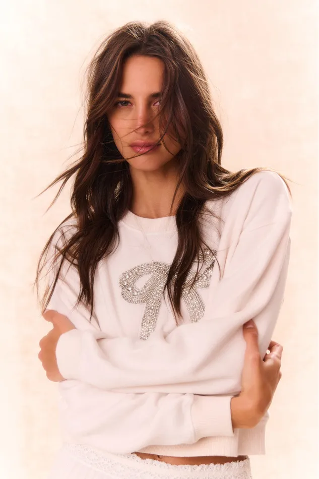 Women LoveShackFancy Tees and Fleece Rylan BowEmbellished Fleece Pullover Sugar Cookie