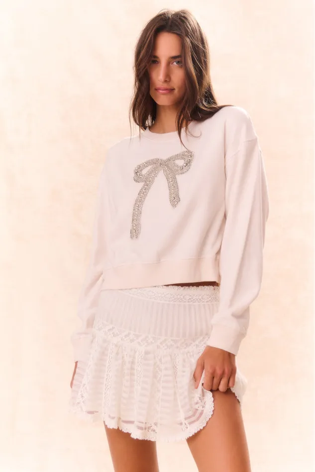 Women LoveShackFancy Tees and Fleece Rylan BowEmbellished Fleece Pullover Sugar Cookie