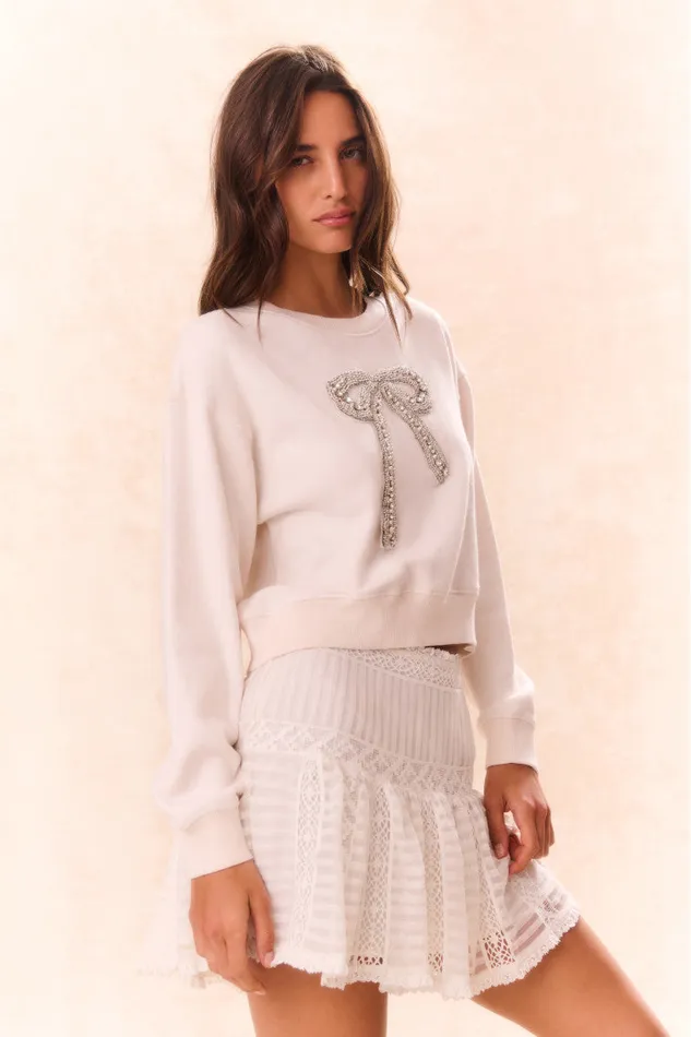 Women LoveShackFancy Tees and Fleece Rylan BowEmbellished Fleece Pullover Sugar Cookie