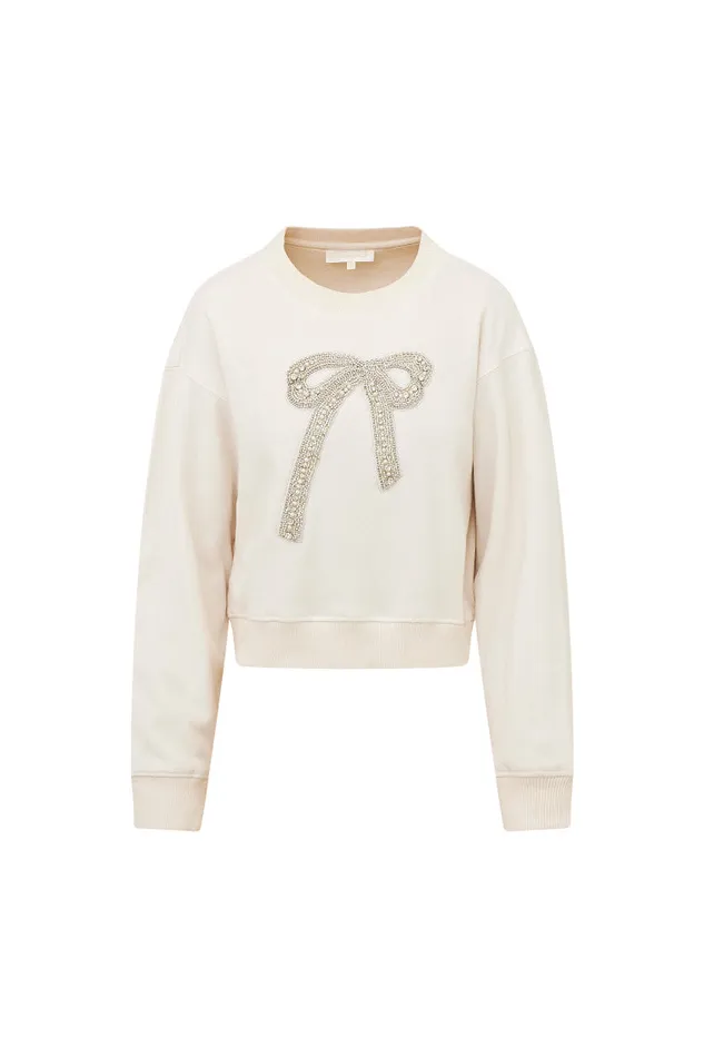 Women LoveShackFancy Tees and Fleece Rylan BowEmbellished Fleece Pullover Sugar Cookie