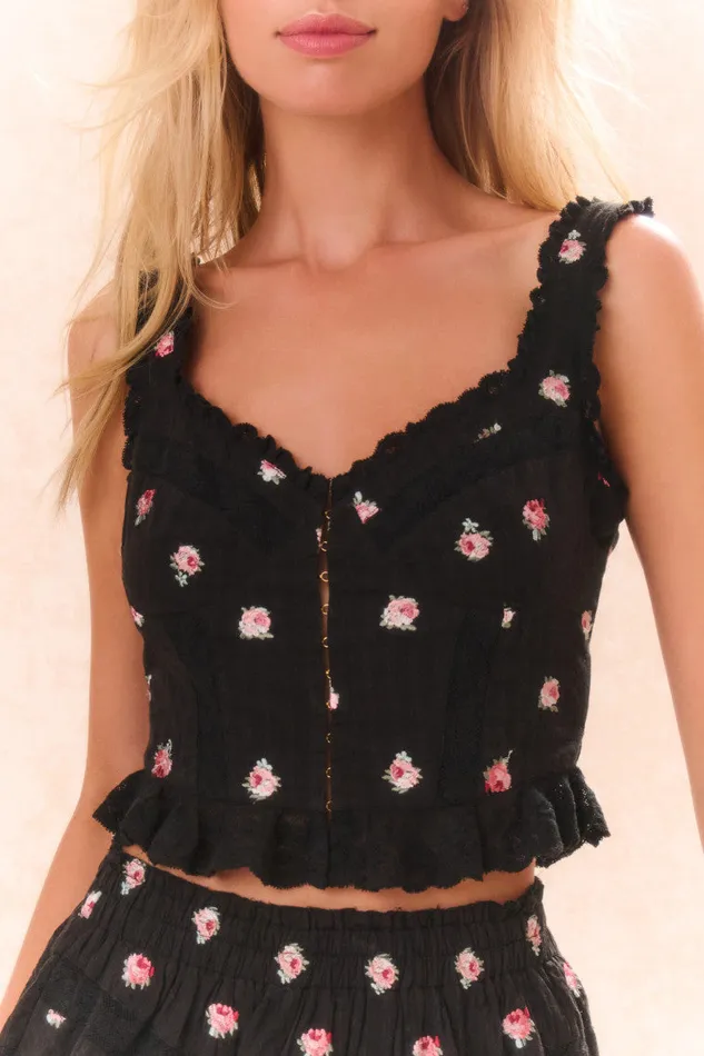 Women LoveShackFancy Tops Galette Embroidered Floral Top Black Combo