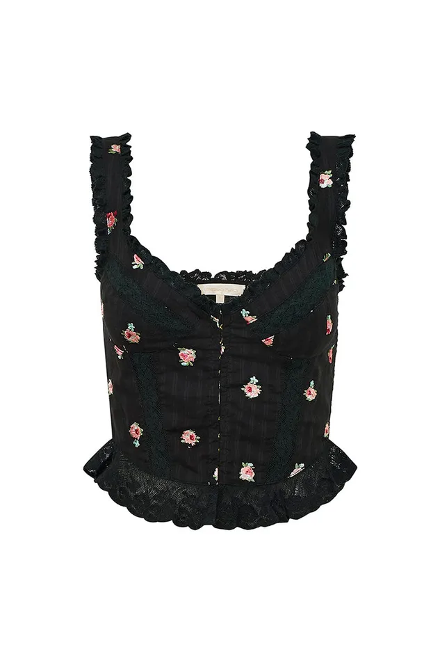 Women LoveShackFancy Tops Galette Embroidered Floral Top Black Combo