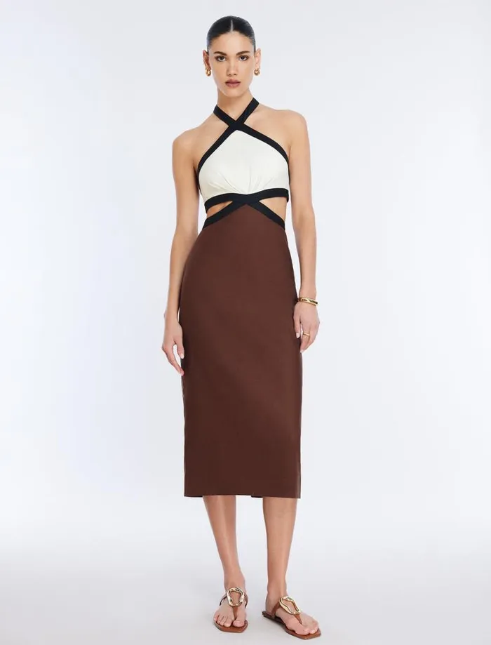 Women Lula Contrast Trim Midi Dress Chocolate Combo BCBG Dresses