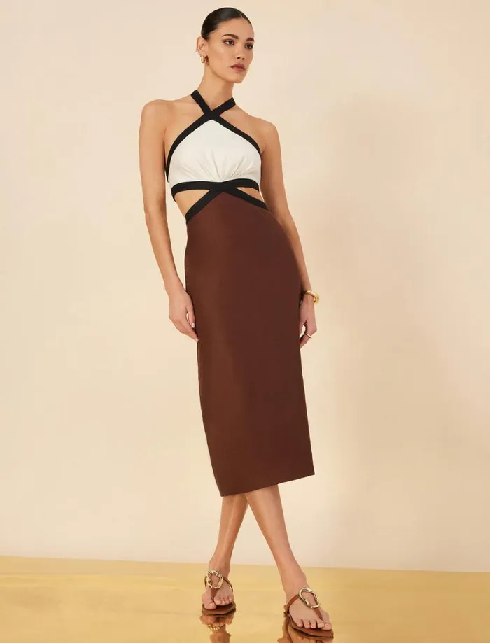 Women Lula Contrast Trim Midi Dress Chocolate Combo BCBG Dresses Women Lula Contrast Trim Midi Dress Chocolate Combo BCBG Dresses