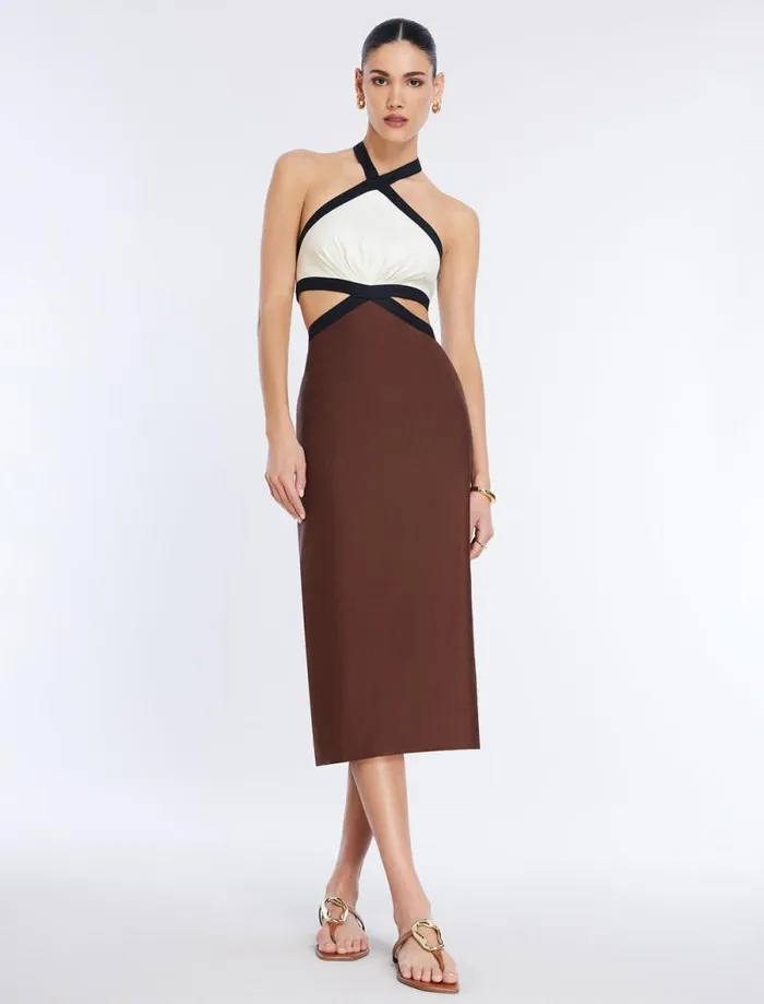 Women Lula Contrast Trim Midi Dress Chocolate Combo BCBG Dresses Women Lula Contrast Trim Midi Dress Chocolate Combo BCBG Dresses