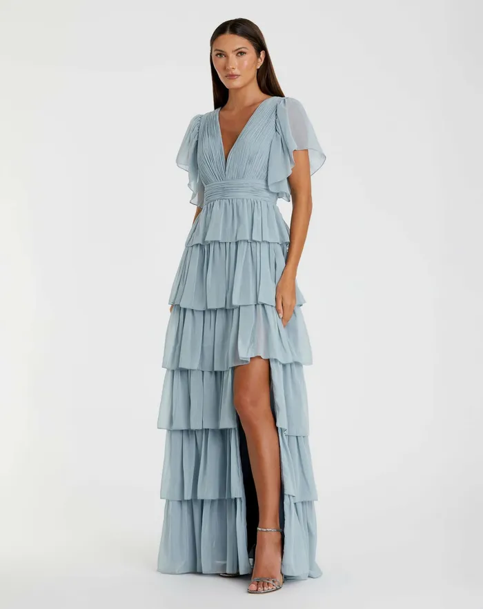 Women Mac Duggal Blue Flutter Sleeve Ruffle Tiered Gown Slate Blue Daytime Dresses Women Mac Duggal Blue Flutter Sleeve Ruffle Tiered Gown Slate Blue Daytime Dresses