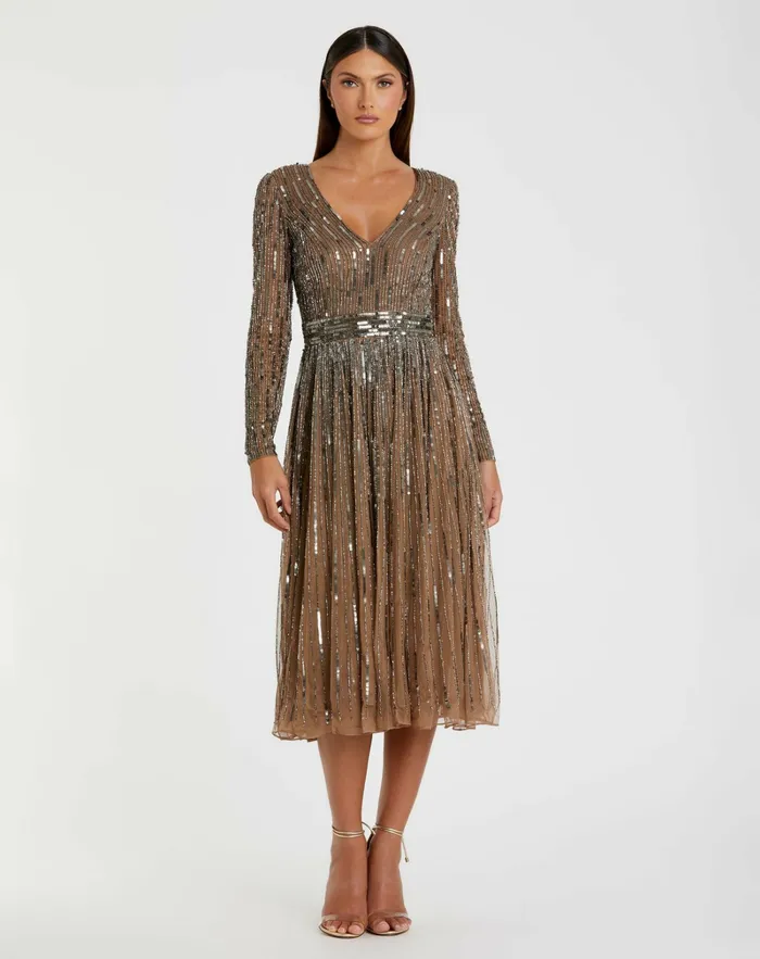 Women Mac Duggal Brown Long Sleeve Tea Length Dress Dark Taupe Cocktail Dresses Women Mac Duggal Brown Long Sleeve Tea Length Dress Dark Taupe Cocktail Dresses