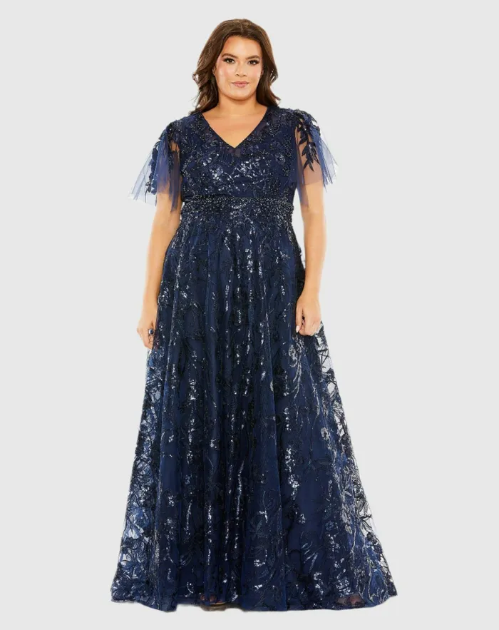 Women Mac Duggal Navy High Neck Flutter Sleeve Embellished ALine Gown Midnight Plus Size Dresses Women Mac Duggal Navy High Neck Flutter Sleeve Embellished ALine Gown Midnight Plus Size Dresses
