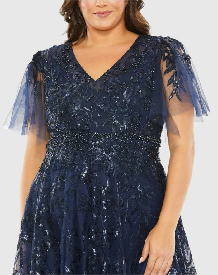 Women Mac Duggal Navy High Neck Flutter Sleeve Embellished ALine Gown Midnight Plus Size Dresses