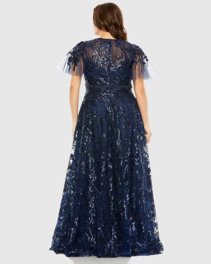 Women Mac Duggal Navy High Neck Flutter Sleeve Embellished ALine Gown Midnight Plus Size Dresses