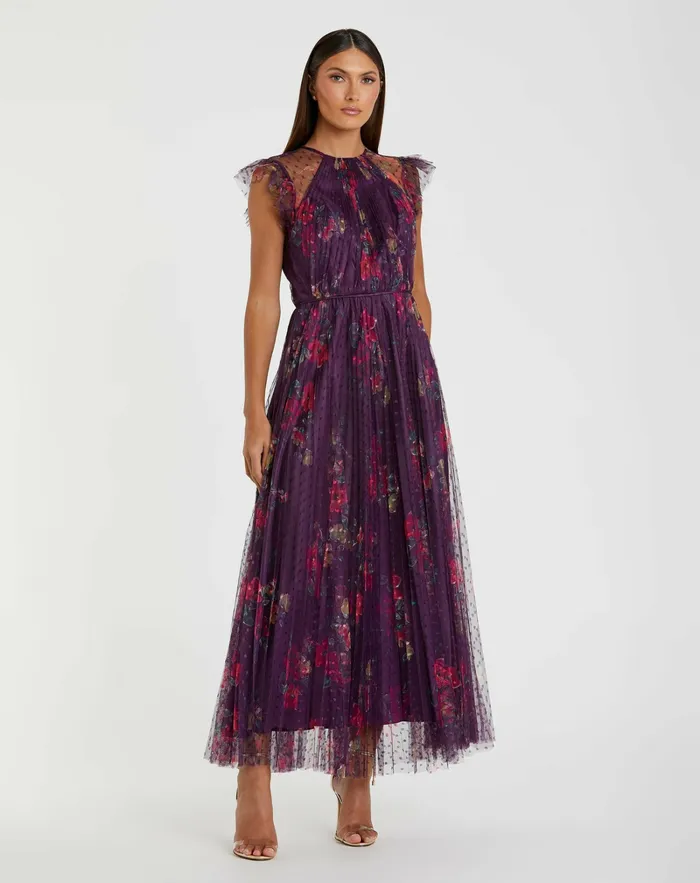 Women Mac Duggal Purple Floral Flutter Sleeve Midi Dress Plum Multi Daytime Dresses Women Mac Duggal Purple Floral Flutter Sleeve Midi Dress Plum Multi Daytime Dresses