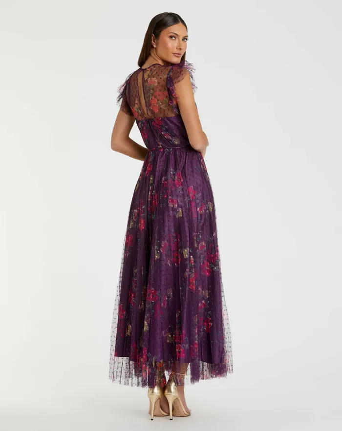 Women Mac Duggal Purple Floral Flutter Sleeve Midi Dress Plum Multi Daytime Dresses