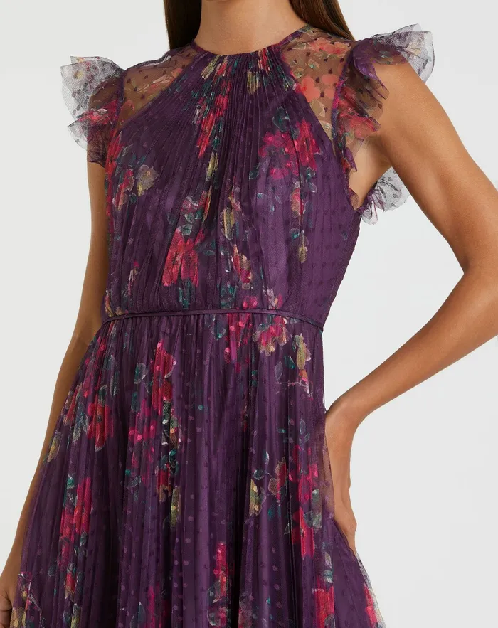 Women Mac Duggal Purple Floral Flutter Sleeve Midi Dress Plum Multi Daytime Dresses