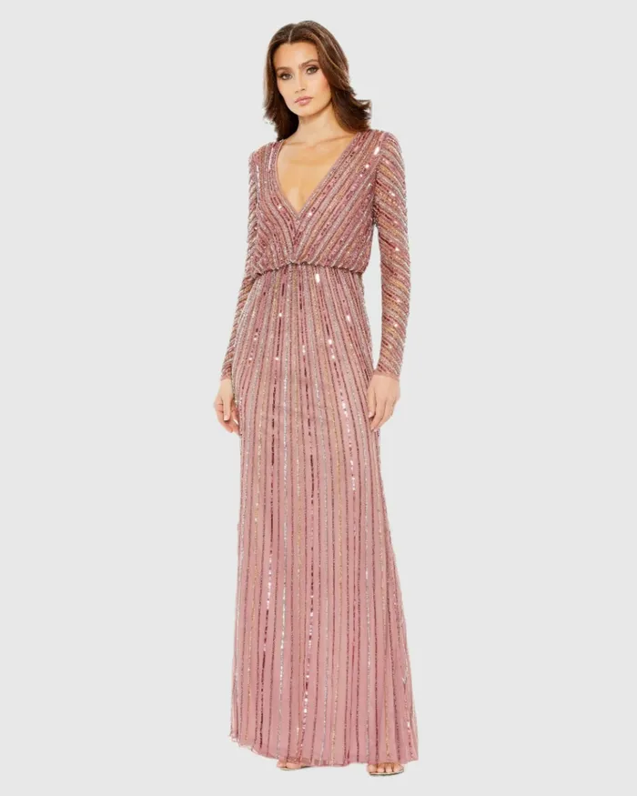 Women Mac Duggal Sequined V Neck Long Sleeve Column Gown Rosewood Evening Gowns
