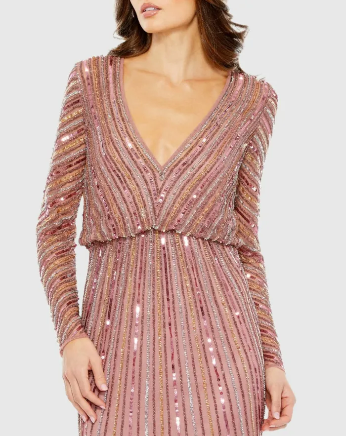 Women Mac Duggal Sequined V Neck Long Sleeve Column Gown Rosewood Evening Gowns Women Mac Duggal Sequined V Neck Long Sleeve Column Gown Rosewood Evening Gowns