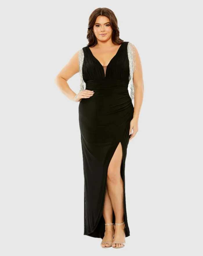Women Mac Duggal Vneck Gown with Fringe Detail on Shoulder Plus Black Plus Size Dresses Women Mac Duggal Vneck Gown with Fringe Detail on Shoulder Plus Black Plus Size Dresses