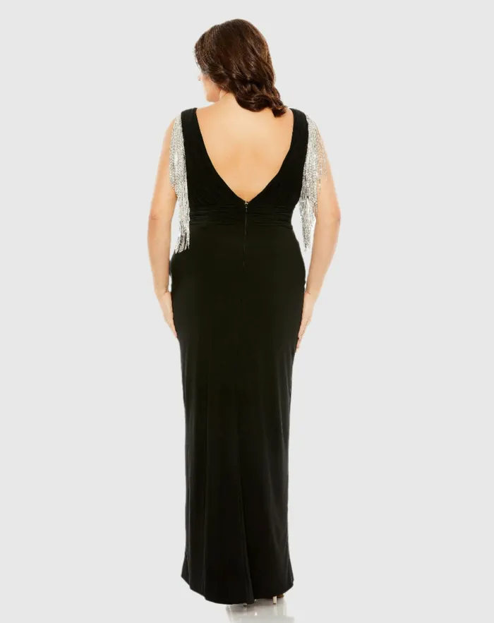 Women Mac Duggal Vneck Gown with Fringe Detail on Shoulder Plus Black Plus Size Dresses