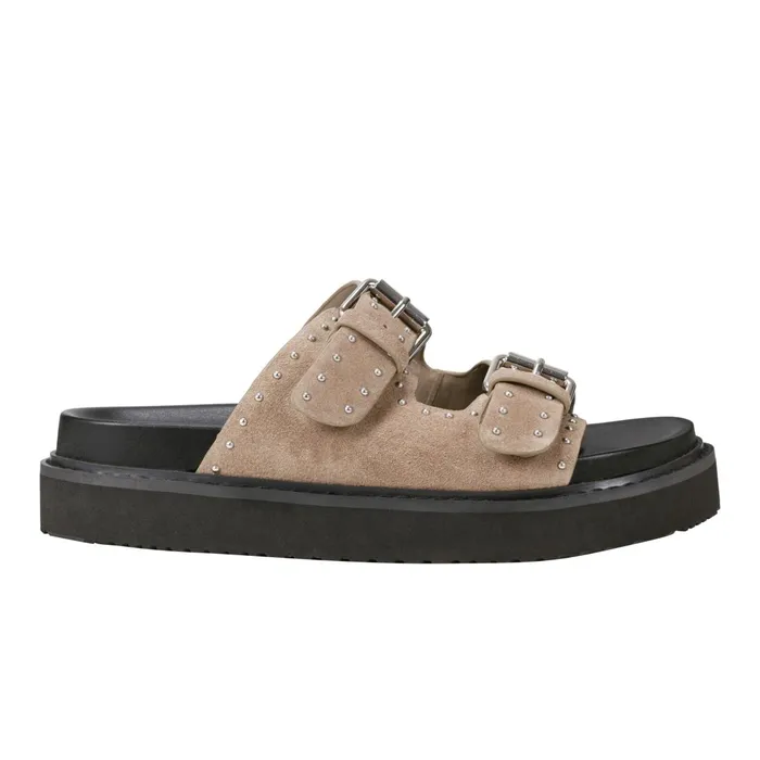 Women Marc Fisher Mules and Slides Agusta Studded Slide Sandal Taupe Suede
