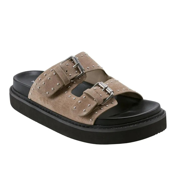 Women Marc Fisher Mules and Slides Agusta Studded Slide Sandal Taupe Suede