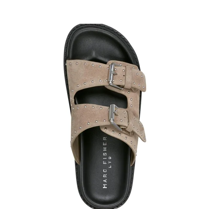 Women Marc Fisher Mules and Slides Agusta Studded Slide Sandal Taupe Suede