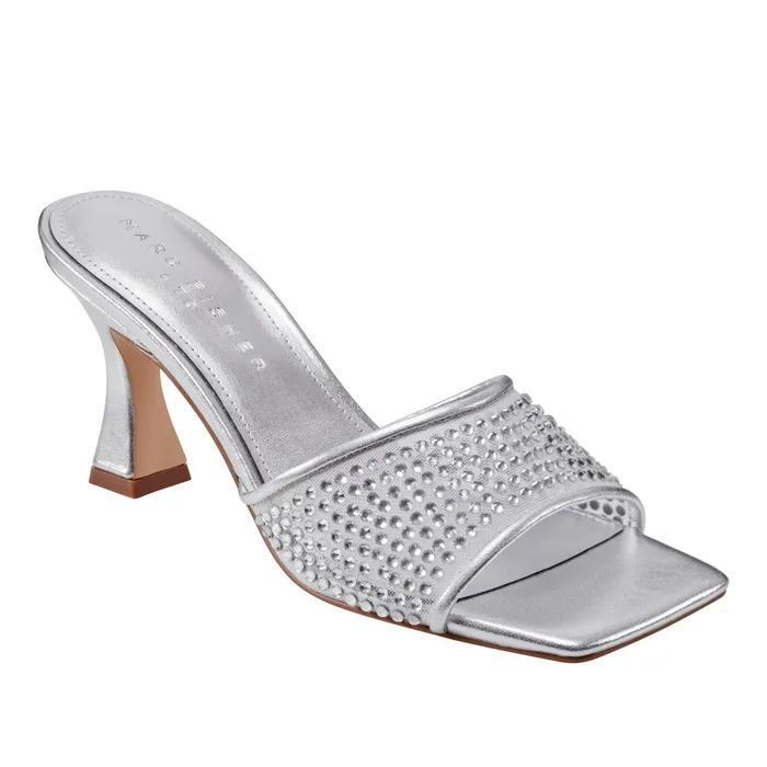 Women Marc Fisher Sandals Delaney Studded Slide Sandal Silver Leather