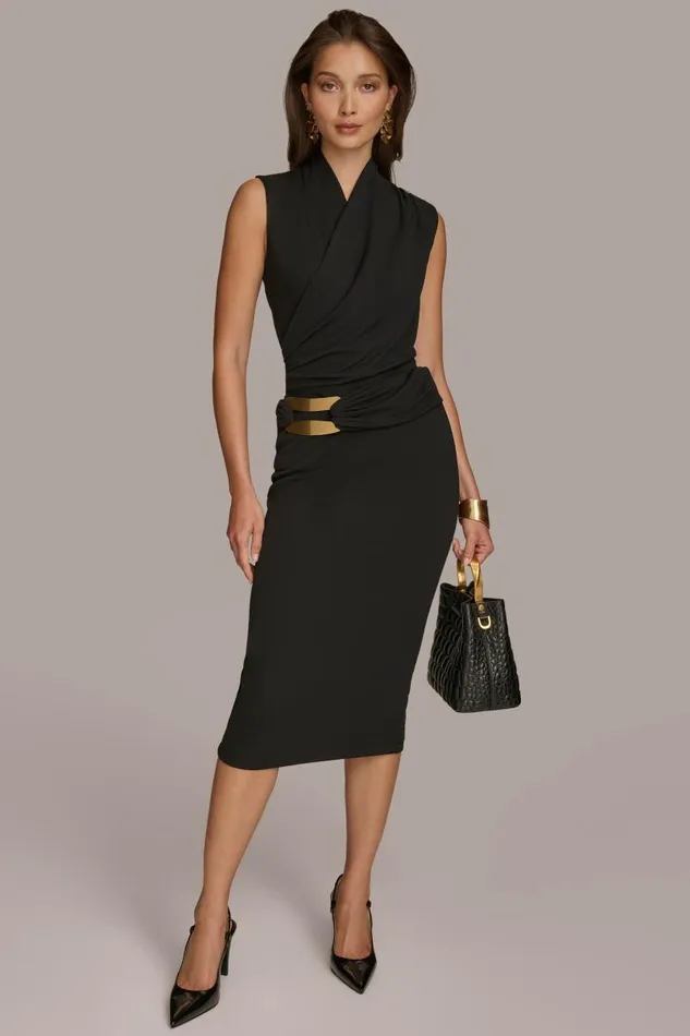 Women MIDI SKIRT WITH BRUSHED HARDWARE DETAIL Black Donna Karan New York Skirts