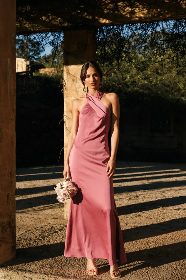 Women Mila Halterneck Maxi Dress Dark Rose Event Dresses Petal and Pup