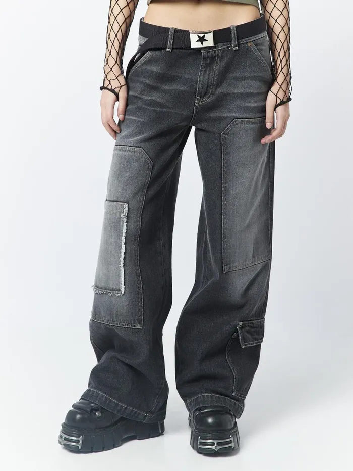 Women Minga London Bottoms Track Black Multi Pocket Overdye Cargo Jeans