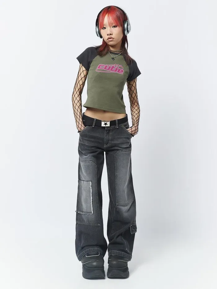 Women Minga London Bottoms Track Black Multi Pocket Overdye Cargo Jeans