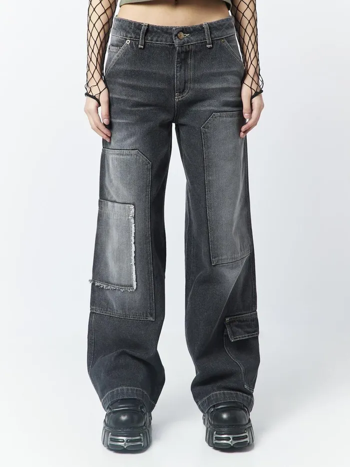 Women Minga London Bottoms Track Black Multi Pocket Overdye Cargo Jeans