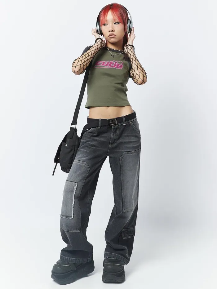 Women Minga London Bottoms Track Black Multi Pocket Overdye Cargo Jeans